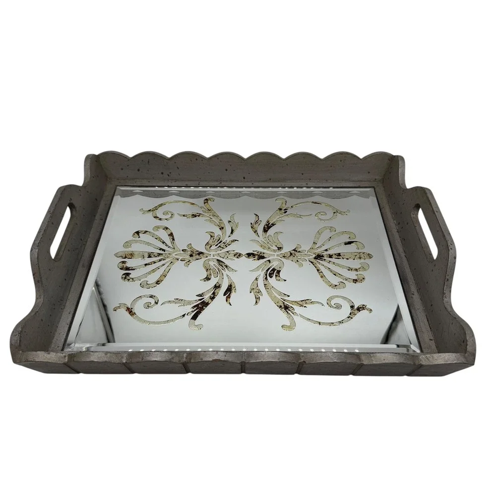 Decorative Mirrored Serving Tray Gray Wood Gold Scroll‎ Accent Handles